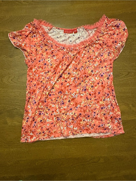 Elle Tops - ELLE Coral Pink Floral Scoop-Neck Blouse